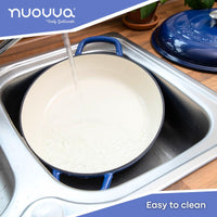 Nuovva dark blue easy to clean, cast iron casserole dish with lid, easy to clean and cook.