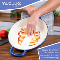 Nuovva dark blue casserole dish with an easy to clean, stain free interior for efficient cooking and cleaning.