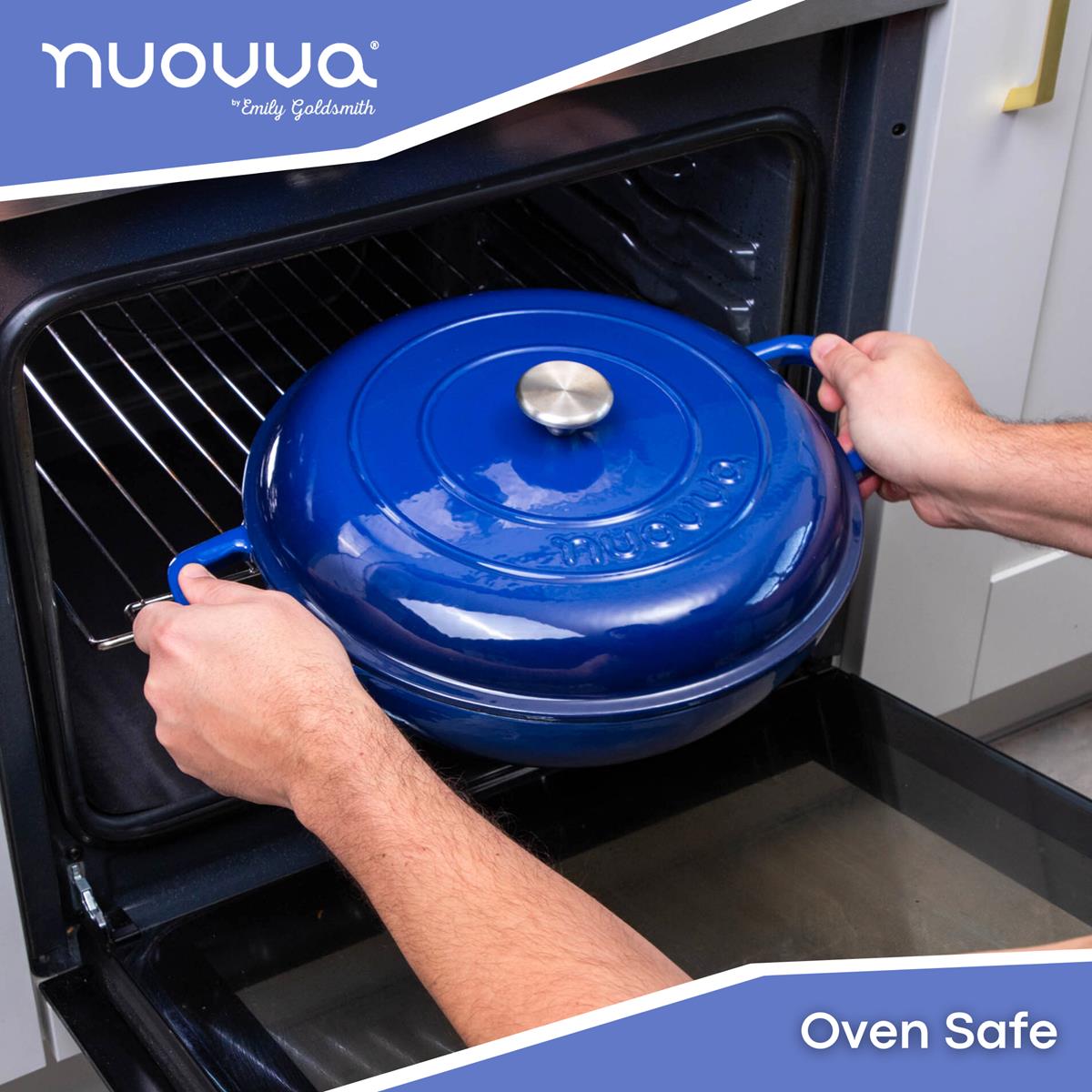 Nuovva dark blue cast iron casserole dish makes oven-safe cookware, great for stove to oven cooking.