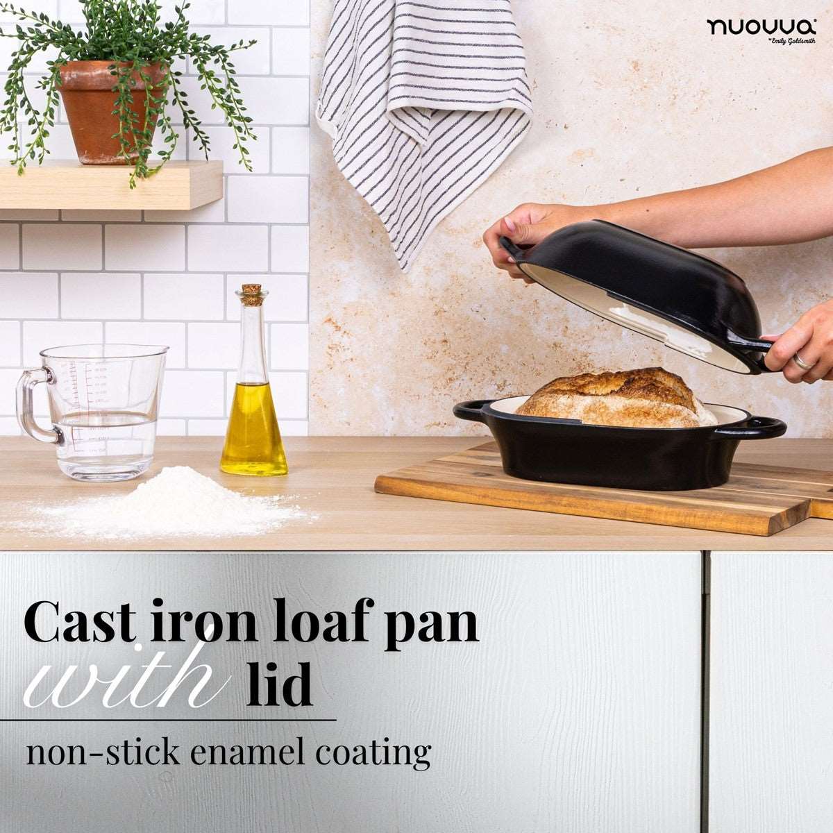 Nuovva cast iron loaf pan with lid and non-stick enamel coating for healthy cooking.