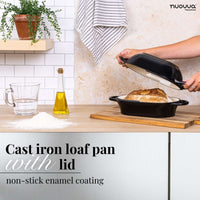 Nuovva cast iron loaf pan with lid and non-stick enamel coating for healthy cooking.