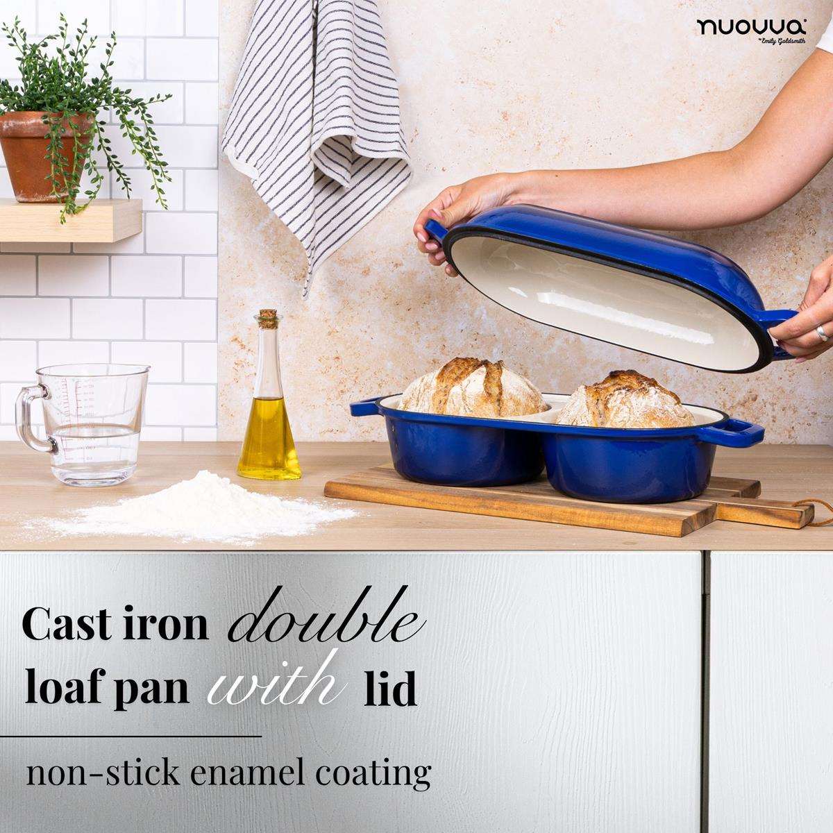 Nuovva dark blue cast iron double loaf pan with lid and non-stick enamel coating.
