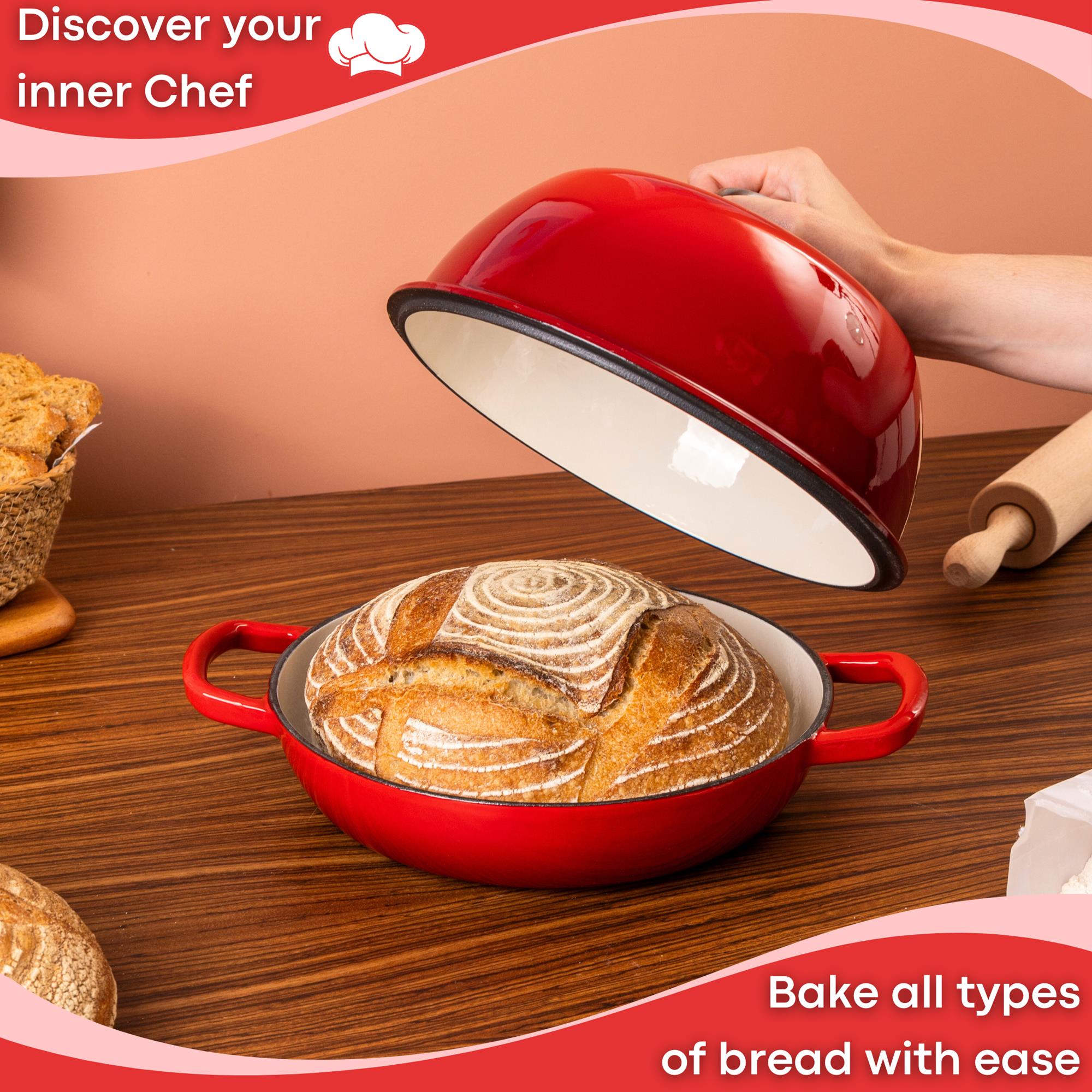 Discovery your inner chef with nuovva cast iron bread pan with lid and knob for easy bread baking.