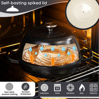 Black enameled bread pot with self-basting lid, oven-safe cookware for all stovetops.