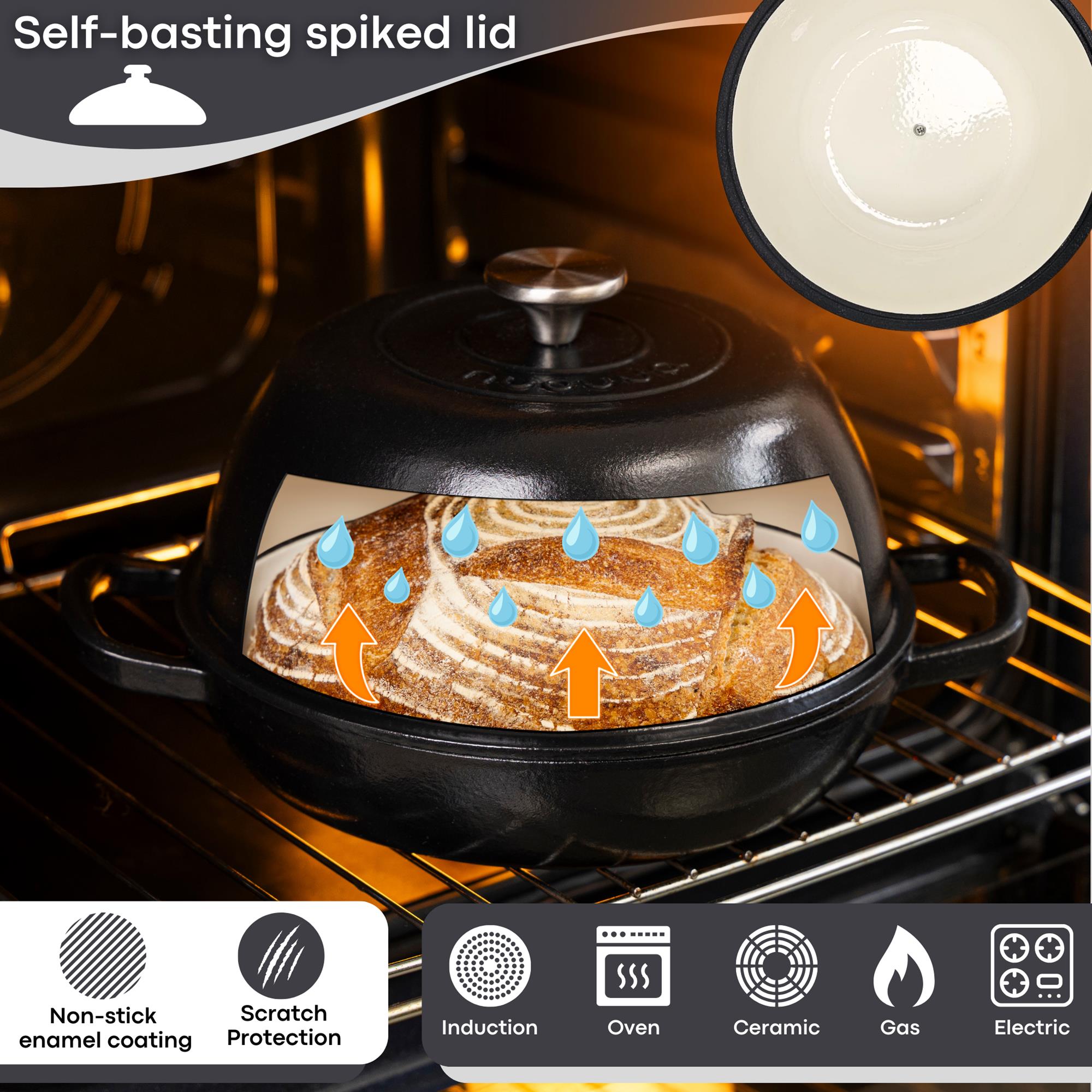 Black enameled bread pot with self-basting lid, oven-safe cookware for all stovetops.