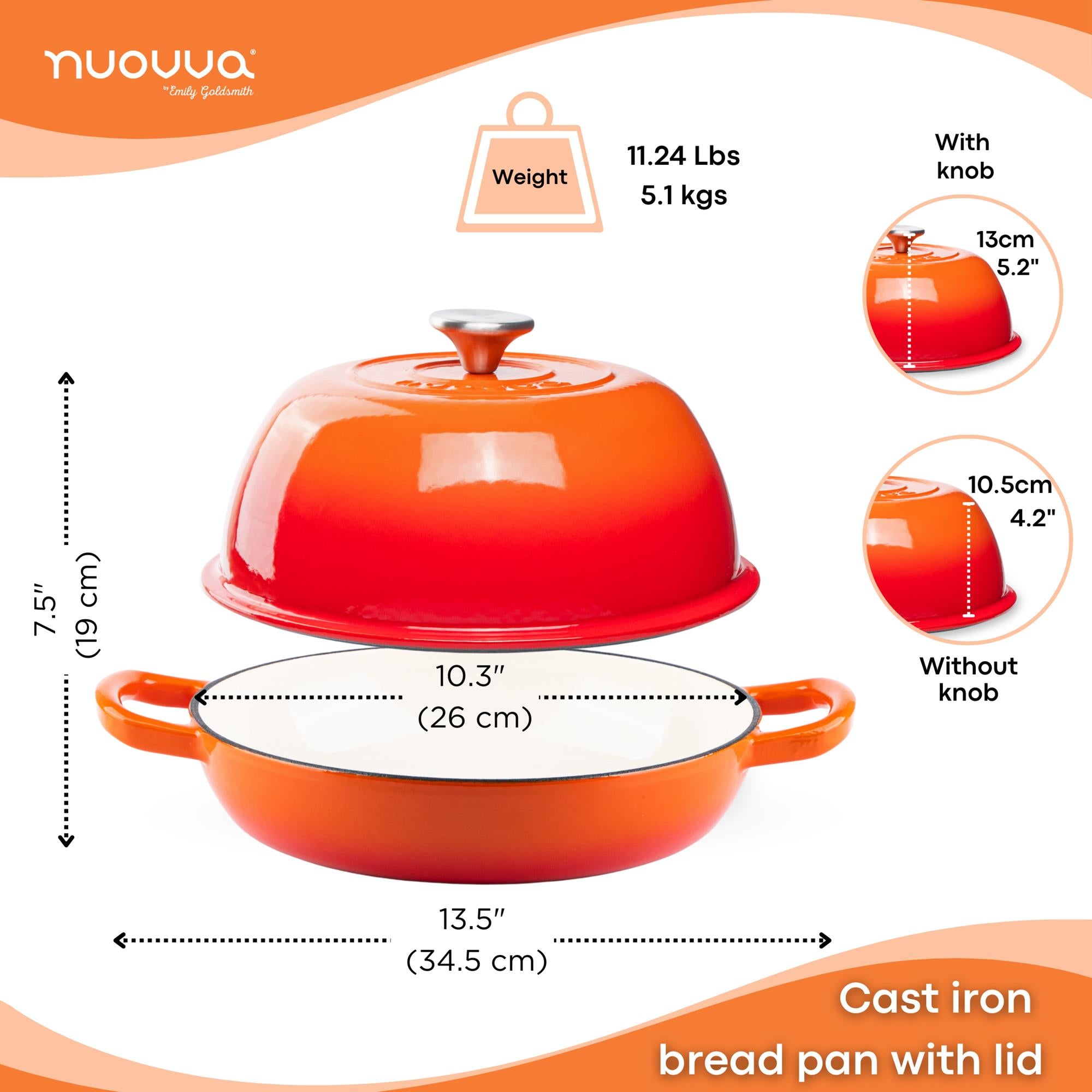 Nuovva orange cast iron bread pan with lid 26cm across and 5.1kg in weight.