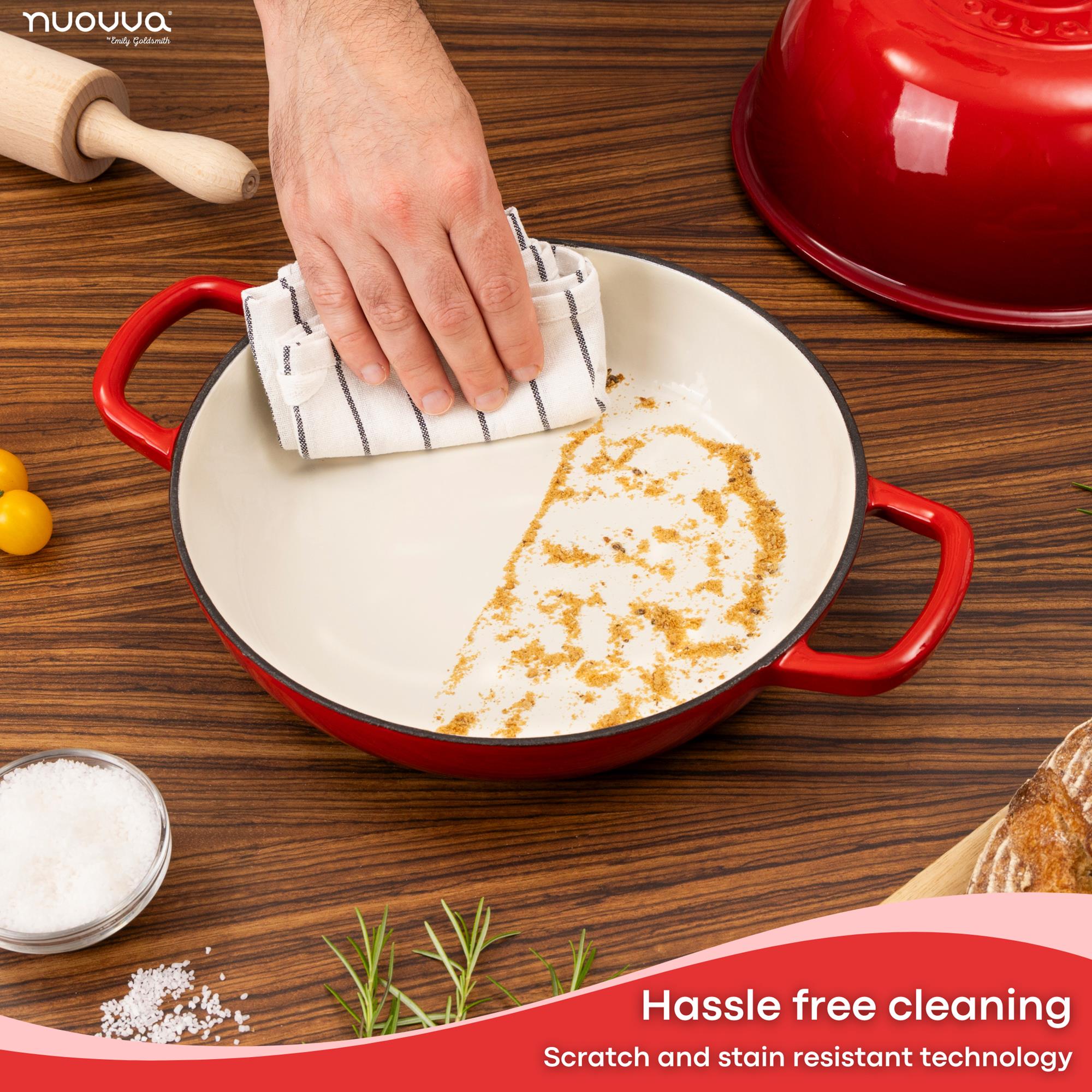 Nuovva red cast iron bread pan boasts hassle free cleaning with the cookwares scratch and stain resistant technology.
