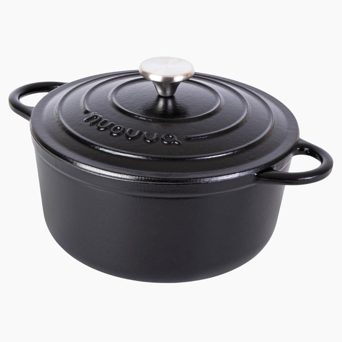 Nuovva black cast iron Dutch oven casserole pot with lid and metal knob.