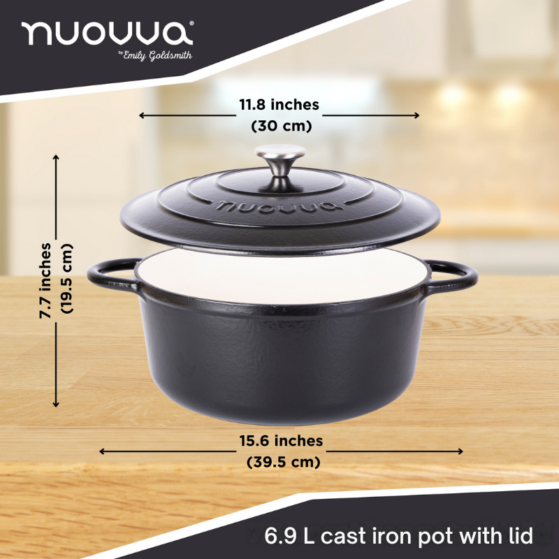 Nuovva 6.9L cast iron Dutch oven casserole pot with lid and measurements.