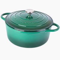 Nuovva green enameled cast iron Dutch oven with a lid and silver knob.