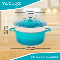 Nuovva Teal cast iron pot with lid and measurements - 6.9L in depth