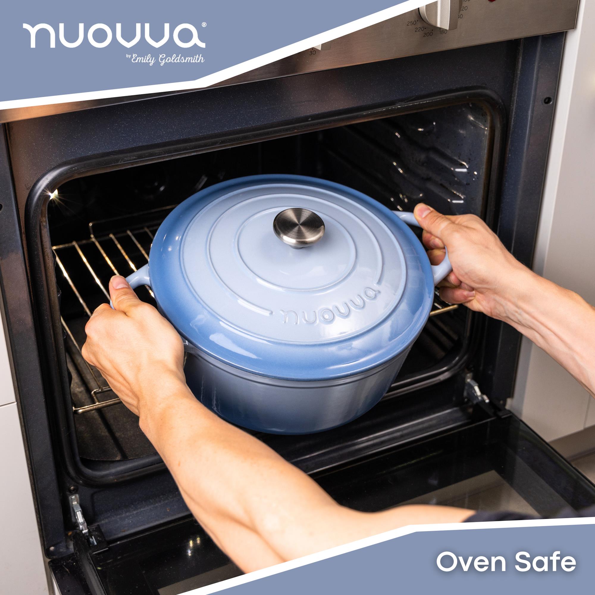 Nuovva oven safe cast iron Dutch oven casserole pot in coastal blue pastel shade.