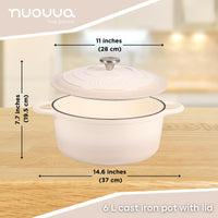 6L cream cast iron pot with lid and dimensions.