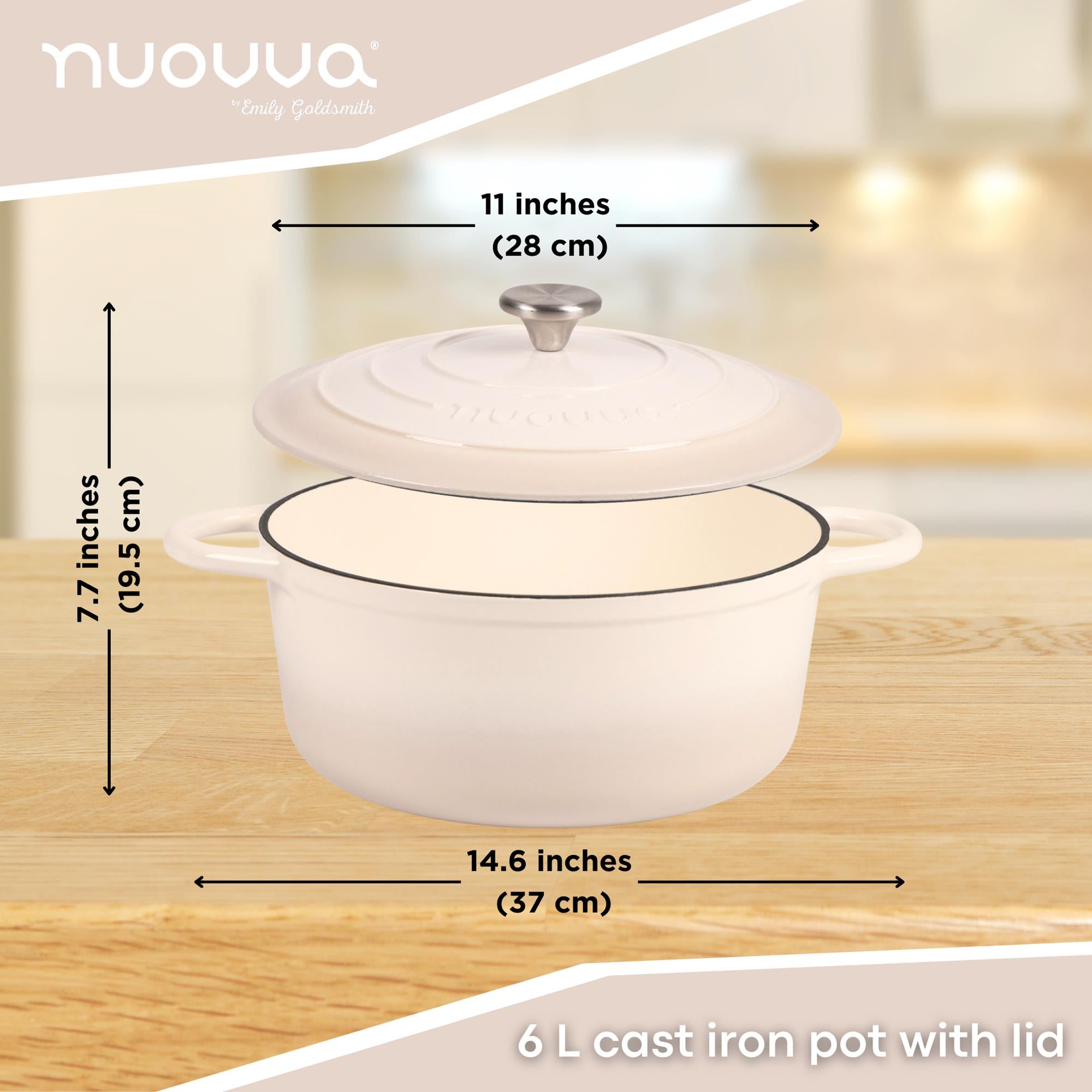 6L cream cast iron pot with lid and dimensions.