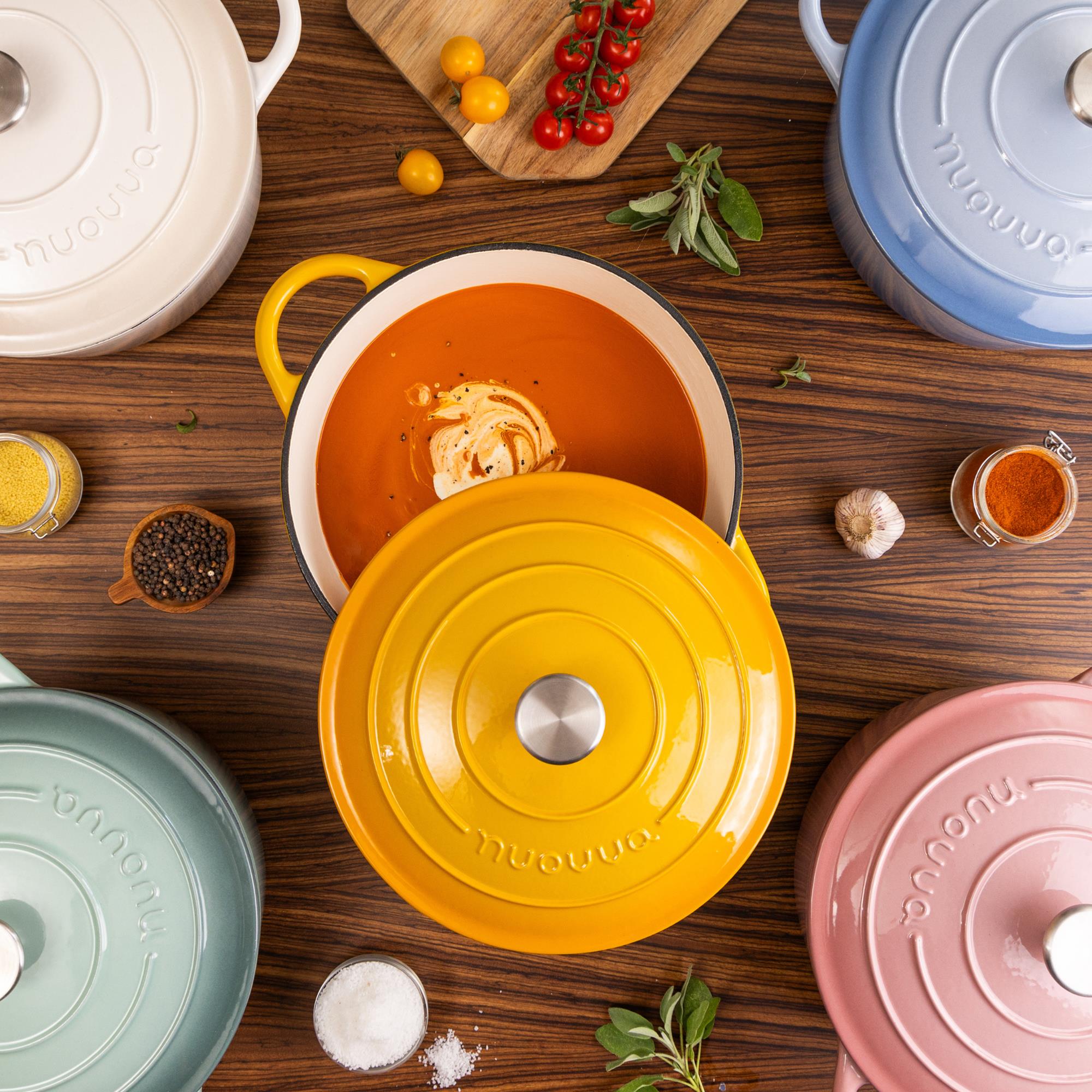 Nuovva pastel colored Dutch oven casserole pot with lid and metal knob.