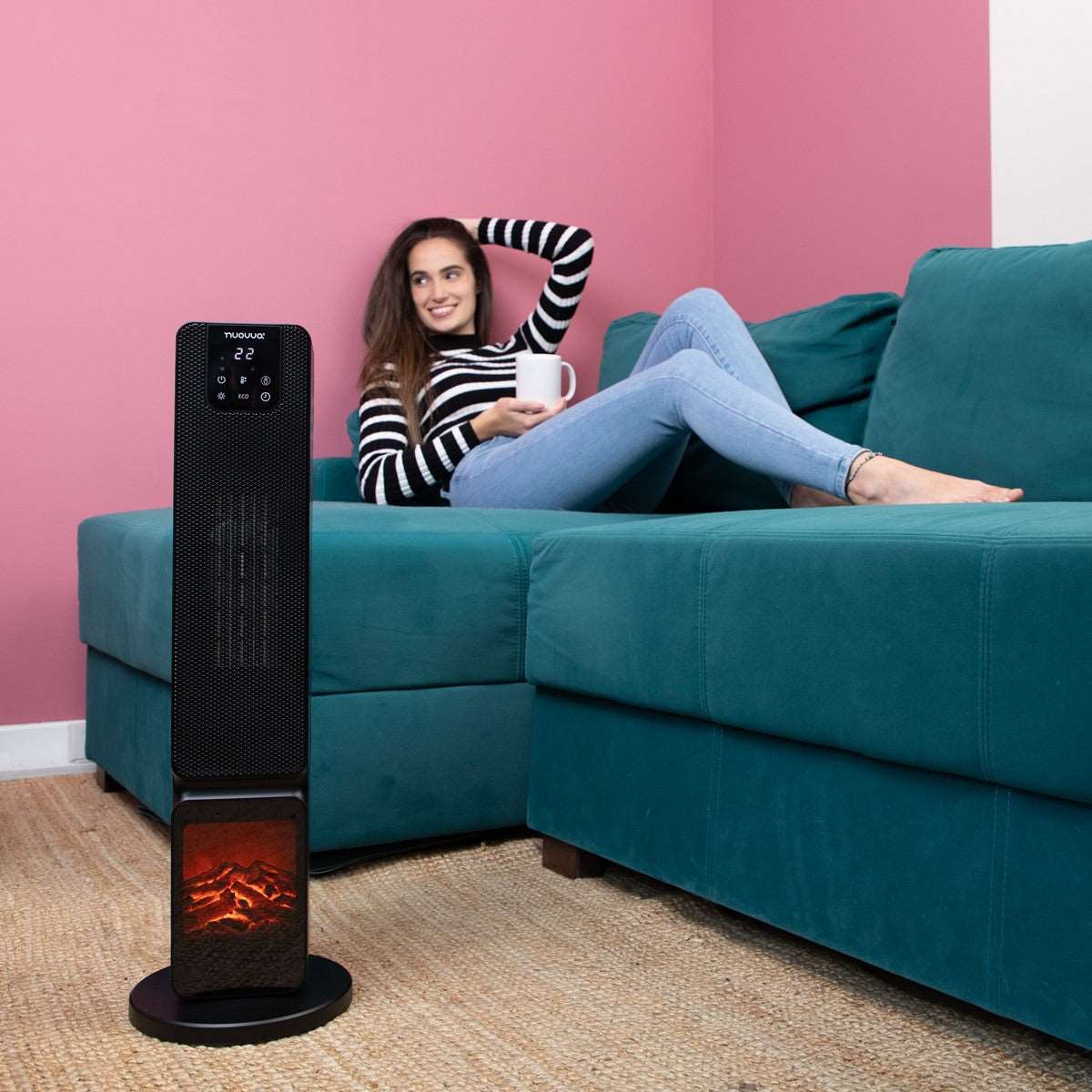 Black ceramic tower heater with fireplace design for portable home heating