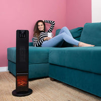 Black ceramic tower heater with fireplace design for portable home heating