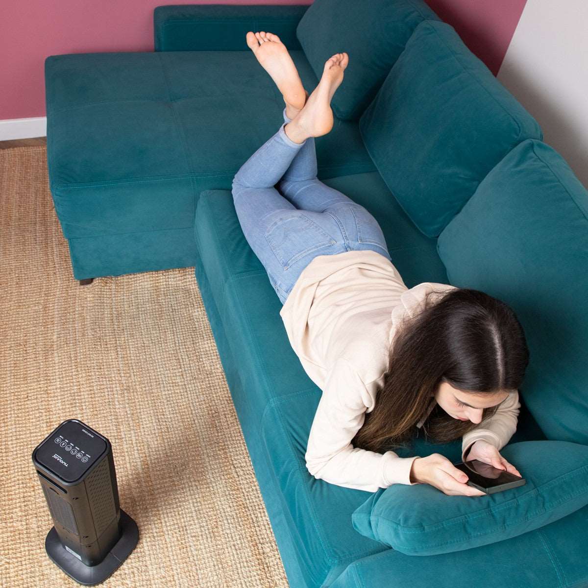 Black ceramic tower heater with digital display for efficient home heating