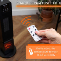 Black ceramic tower heater with remote control for wireless temperature control.