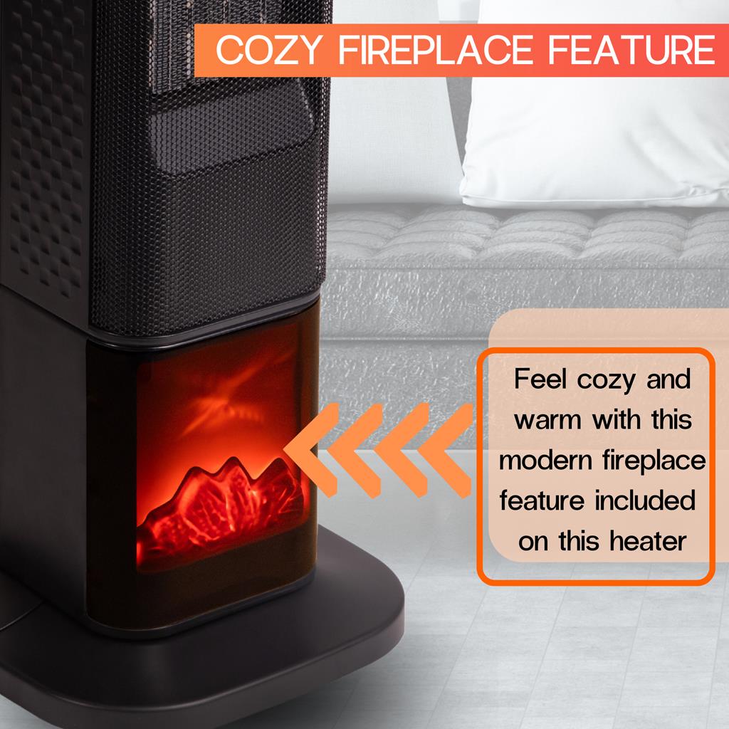 Tower heater with cozy fireplace display for home heating.