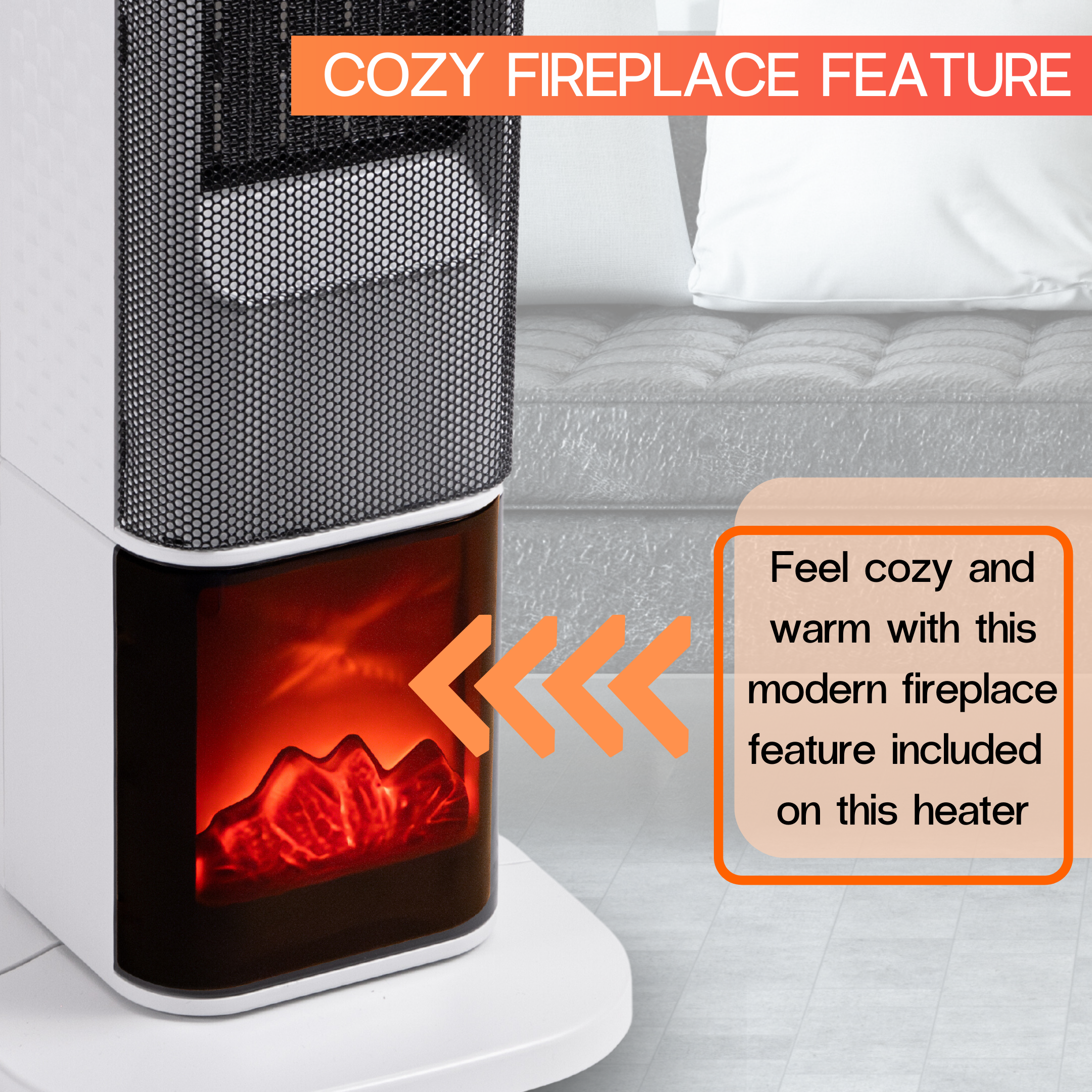 White ceramic tower heater with fireplace display for home heating.