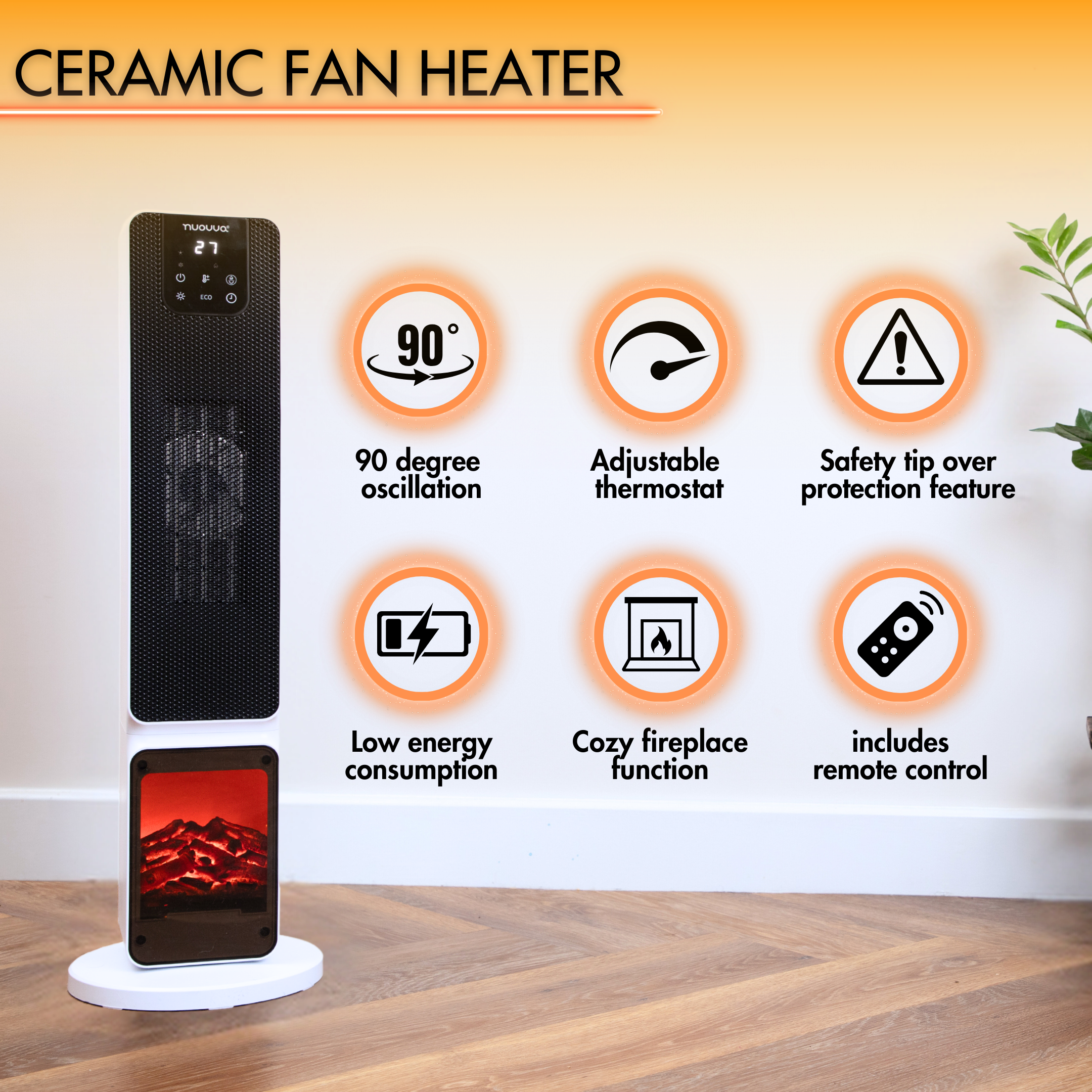 White ceramic low-energy consumption heater with tip-over protection, 90 degree oscillation and fireplace display.
