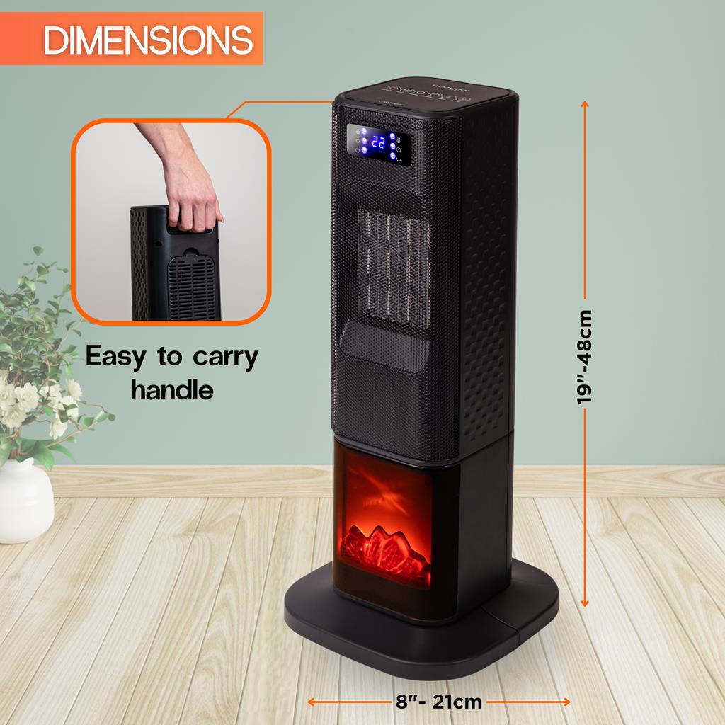 Black portable heater with fireplace display and handle for easy carrying