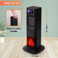 Black portable heater with fireplace display and handle for easy carrying
