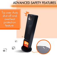 Ceramic tower heat with fireplace display and auto shut-off in case of fall or overheat.