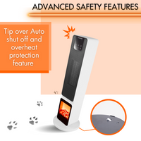 Ceramic tower heater with overheat protection and auto-shut off in case of fall.