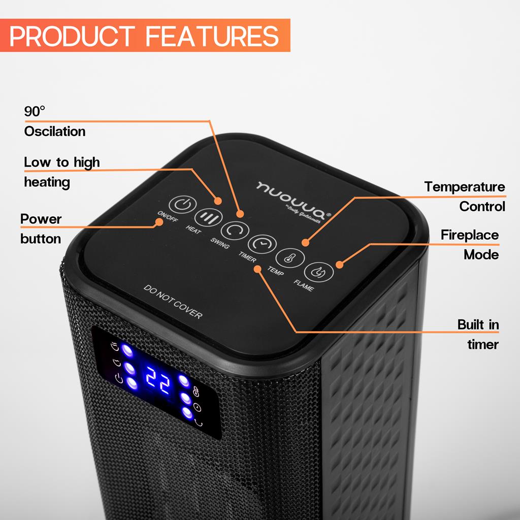 Black portable heater with control buttons and digital display for temperature controls, built in timer and more.
