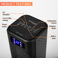 Black portable heater with control buttons and digital display for temperature controls, built in timer and more.