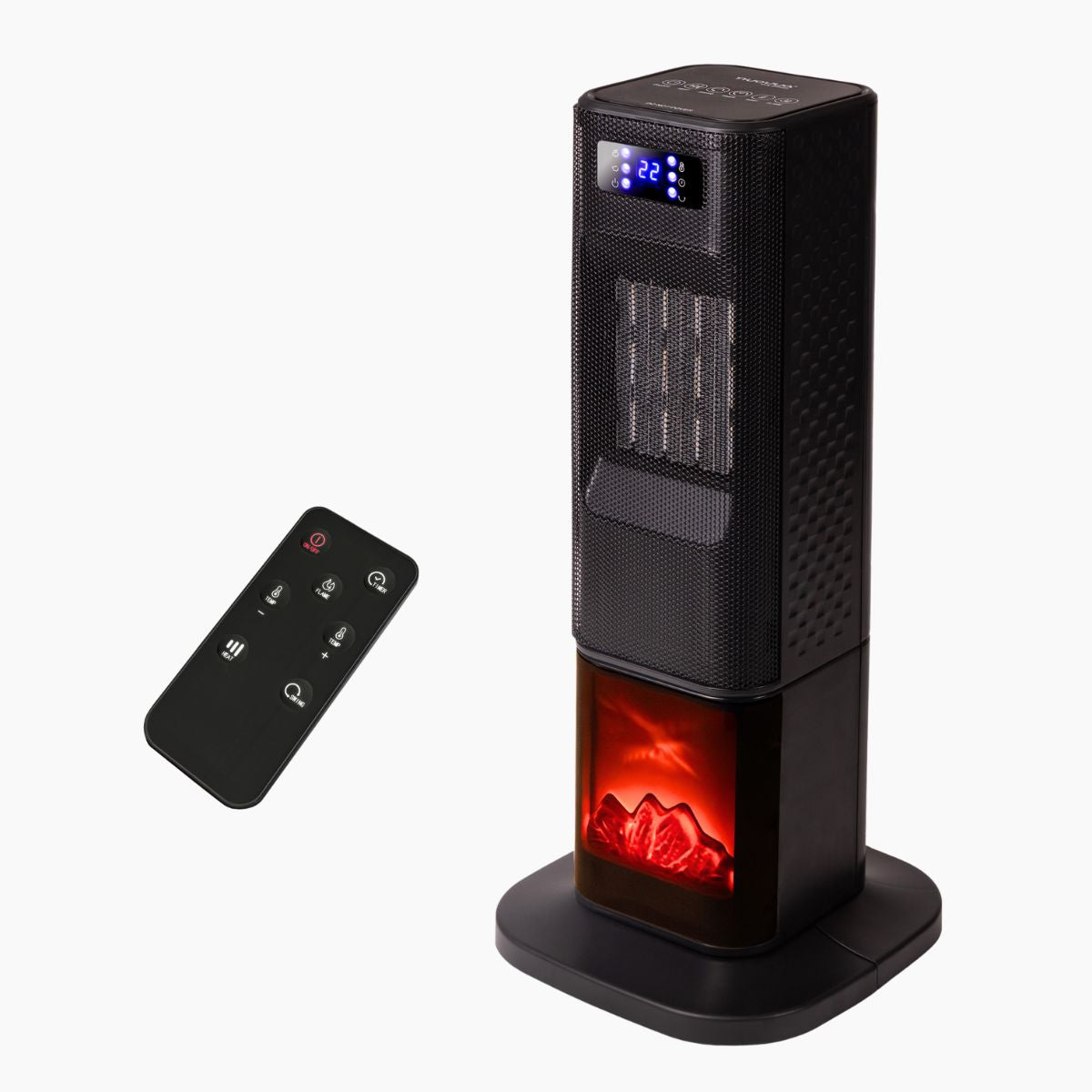 Black tower heater with fireplace display, digital display and remote control for home heating