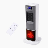 White ceramic tower heater with fireplace display, remote control and screen display