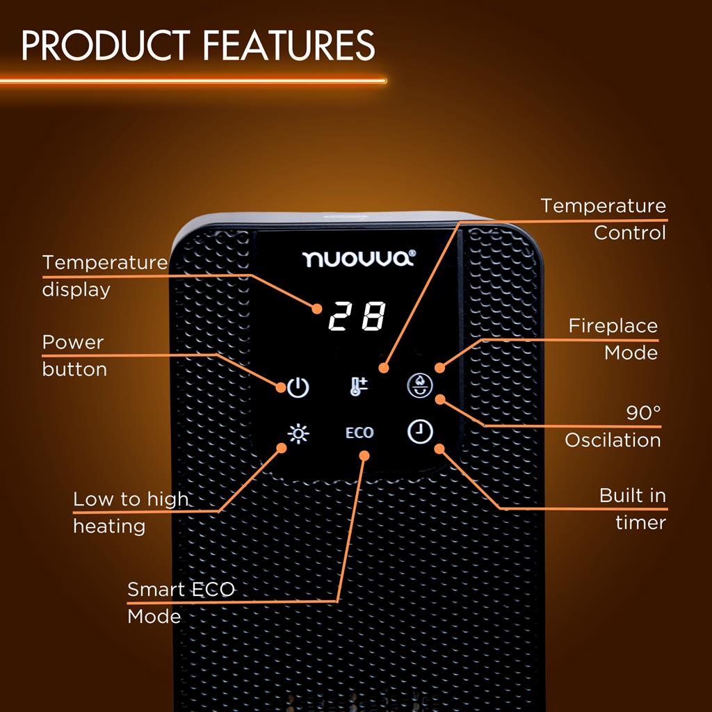 Black tower heater with digital display including temperature display, fireplace mode and smart eco mode.