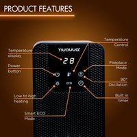 Black tower heater with digital display including temperature display, fireplace mode and smart eco mode.