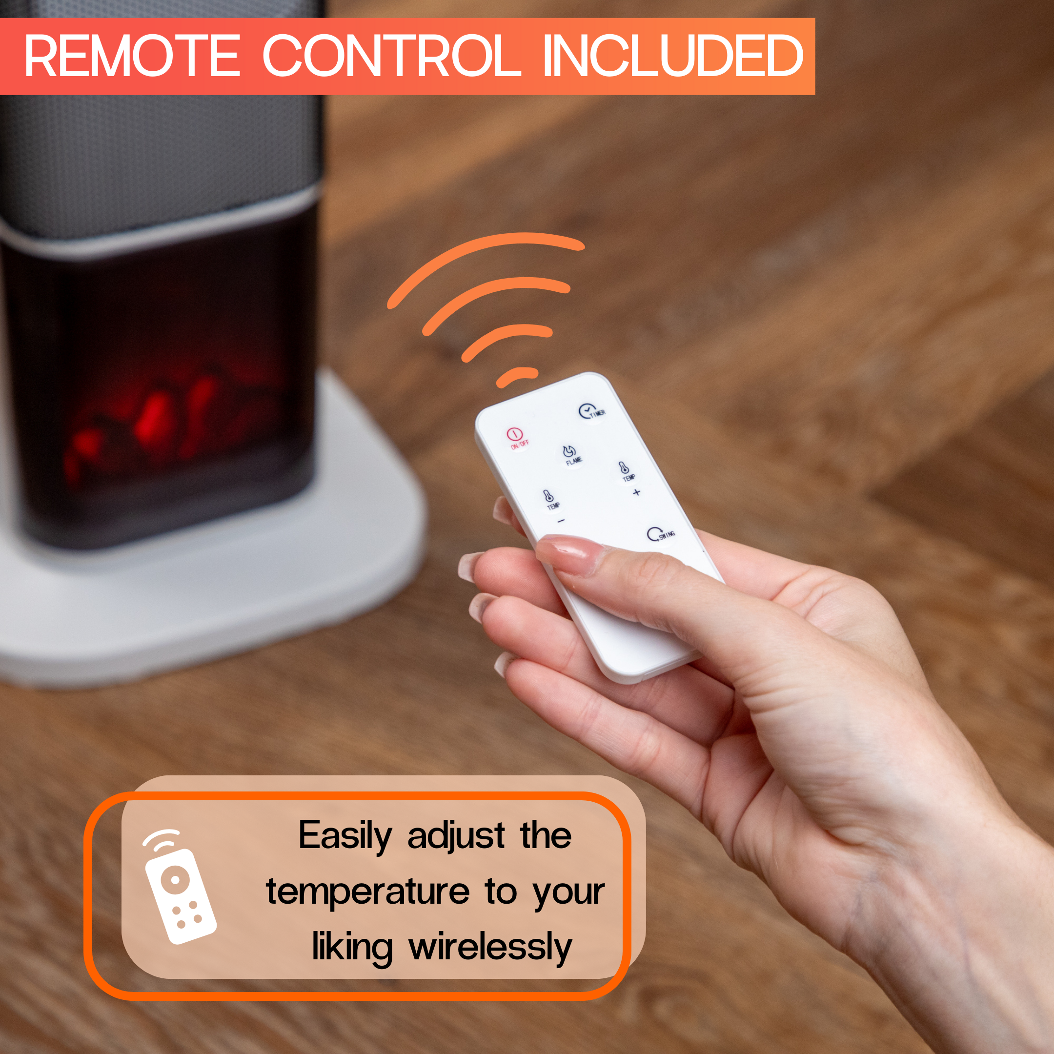 Ceramic tower heater with fireplace display and remote control for home heating.