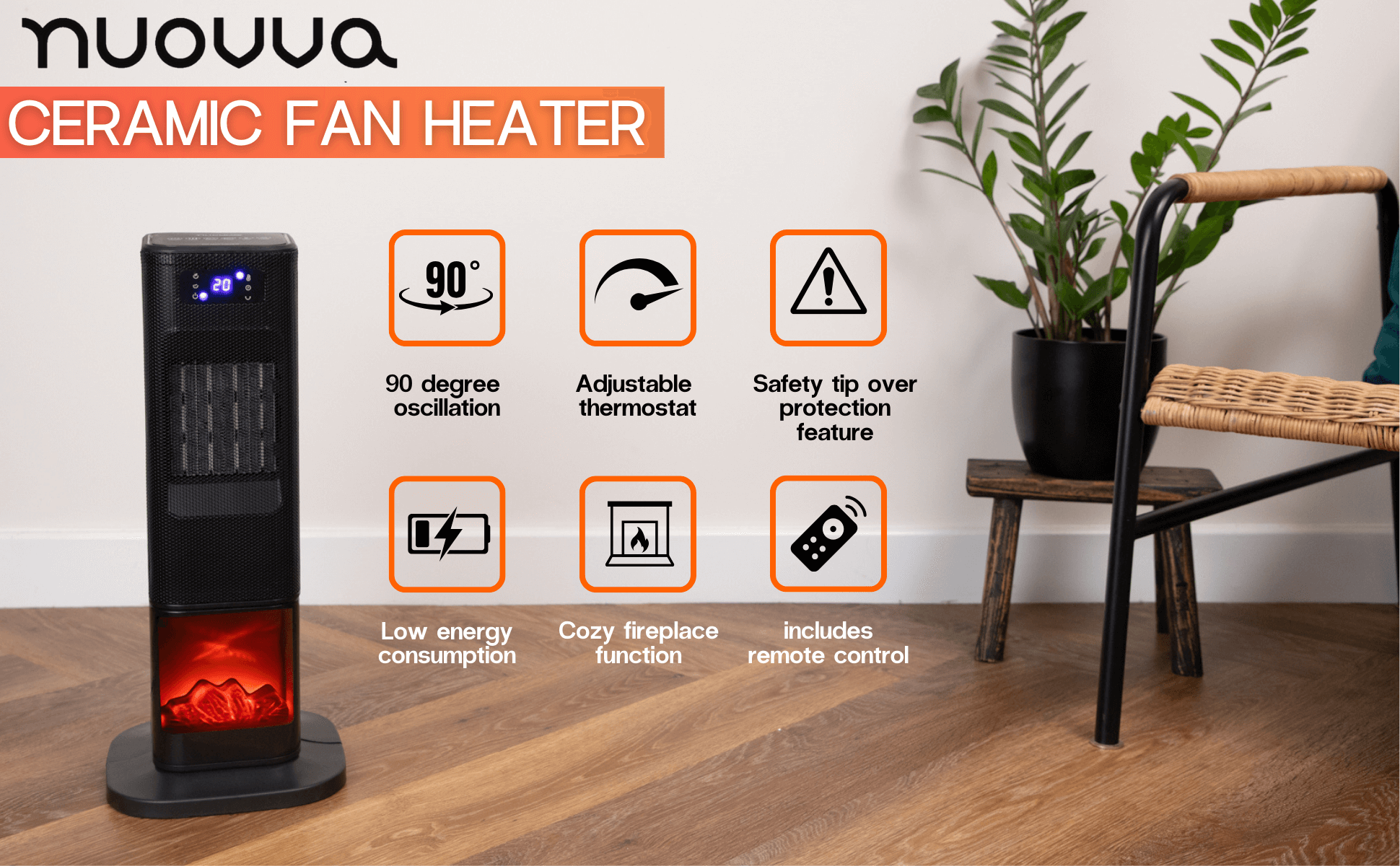 Nuovva ceramic energy efficient heater with remote control and fireplace display