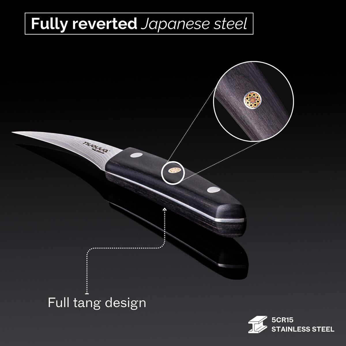 Nuovva Damascus paring knife with fully reverted Japanese steel and full tang design