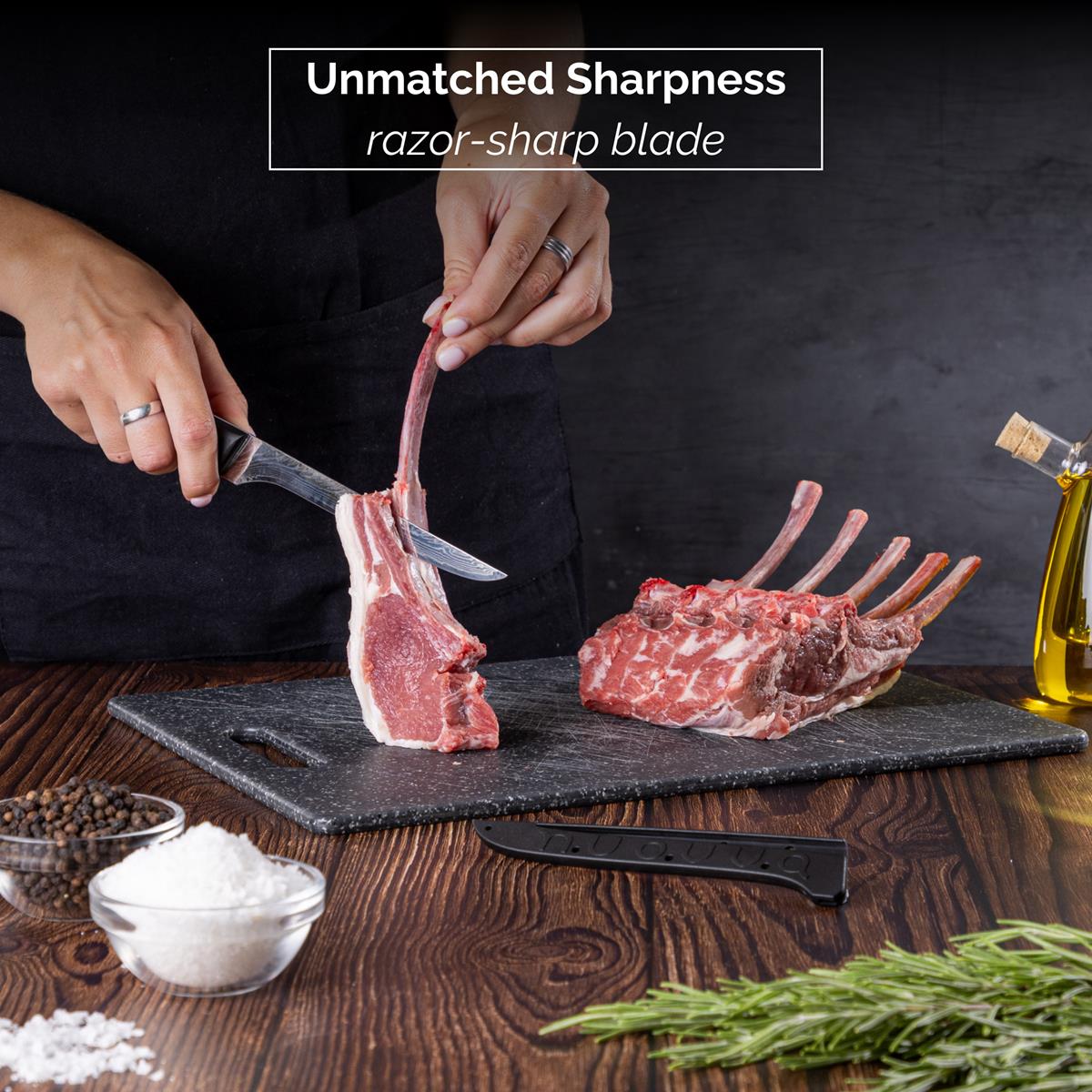 Nuovva Damascus steel boning knife with unmatched sharpness and razor sharp blades with Rosewood handles and protective sheath