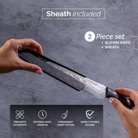 2pc Damascus steel slicing knife with protective sheath to prevent accidents, extend lifespan and safely store blades for convenient carry option