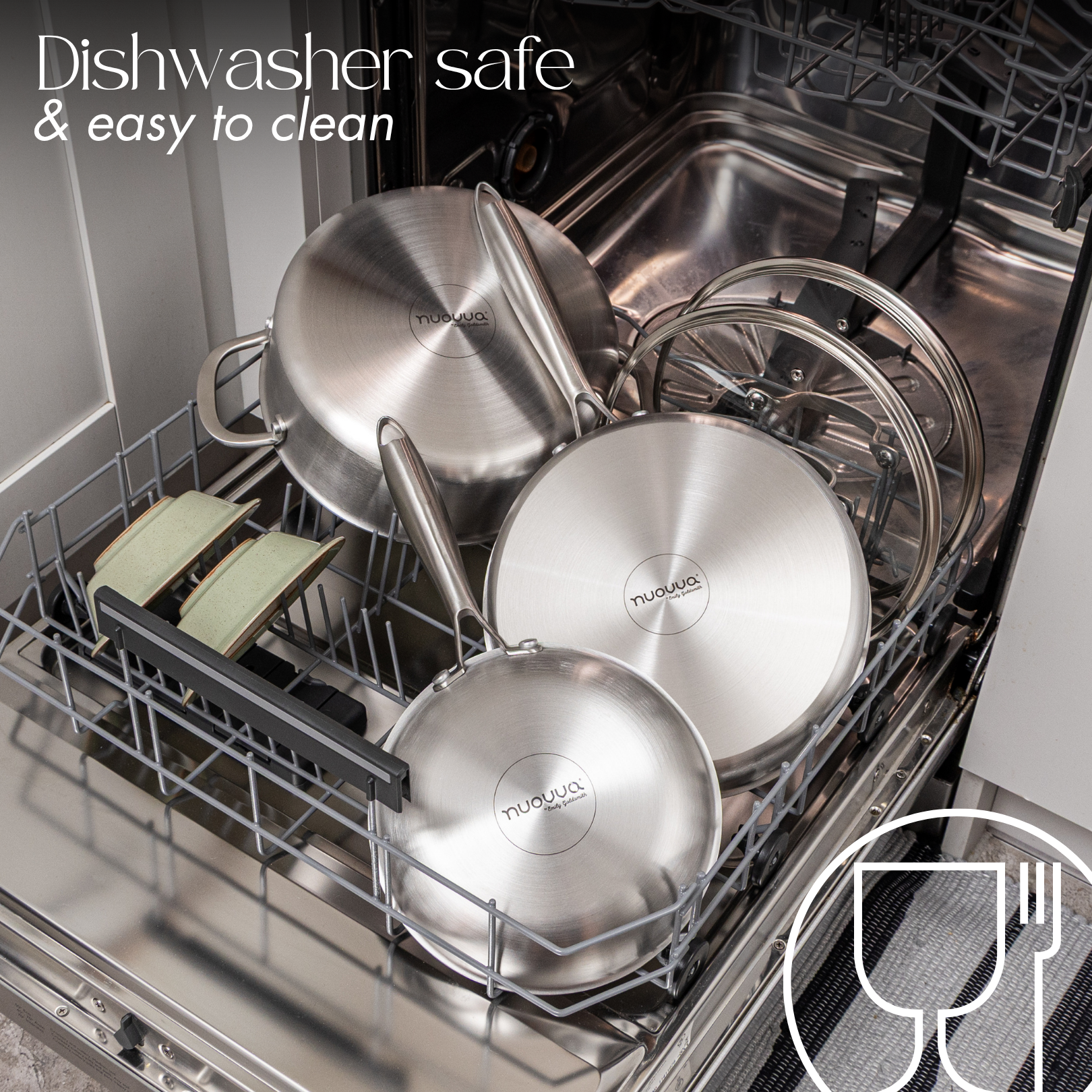 Dishwasher safe stainless steel cookware with glass lids.