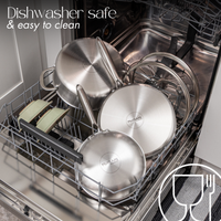 Dishwasher safe stainless steel cookware with glass lids.