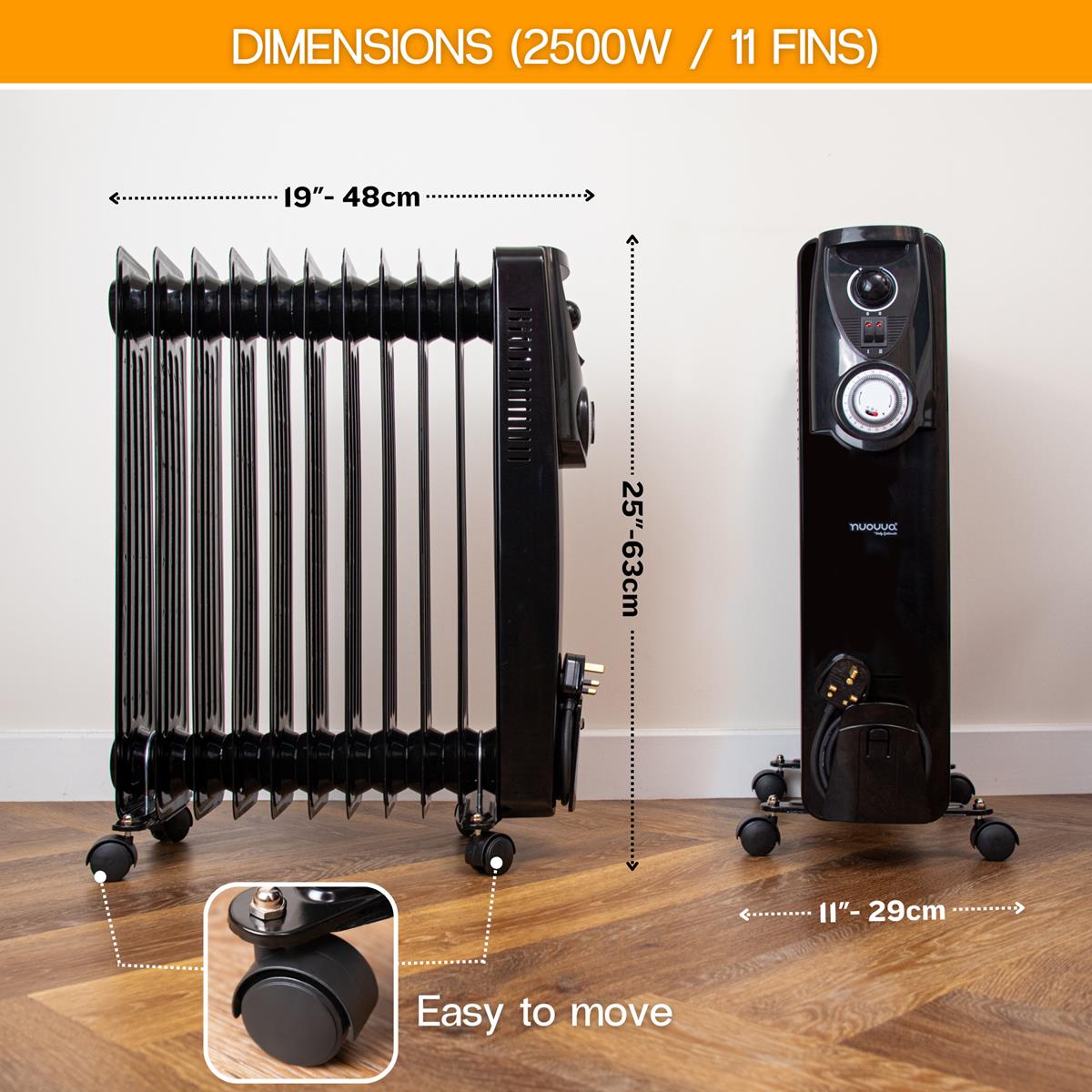 Black 11 fins radiator heater - 2500w with wheels for easy to move portable home heating