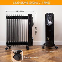 Black 11 fins radiator heater - 2500w with wheels for easy to move portable home heating