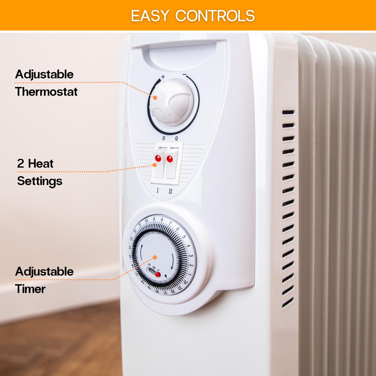 White parable thermostat with easy controls including adjustable thermostat, 2 heat settings and an adjustable timer.