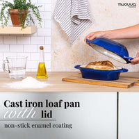 Nuovva cast iron loaf pan with lid, non-stick enamel coating for healthy cooking and baking