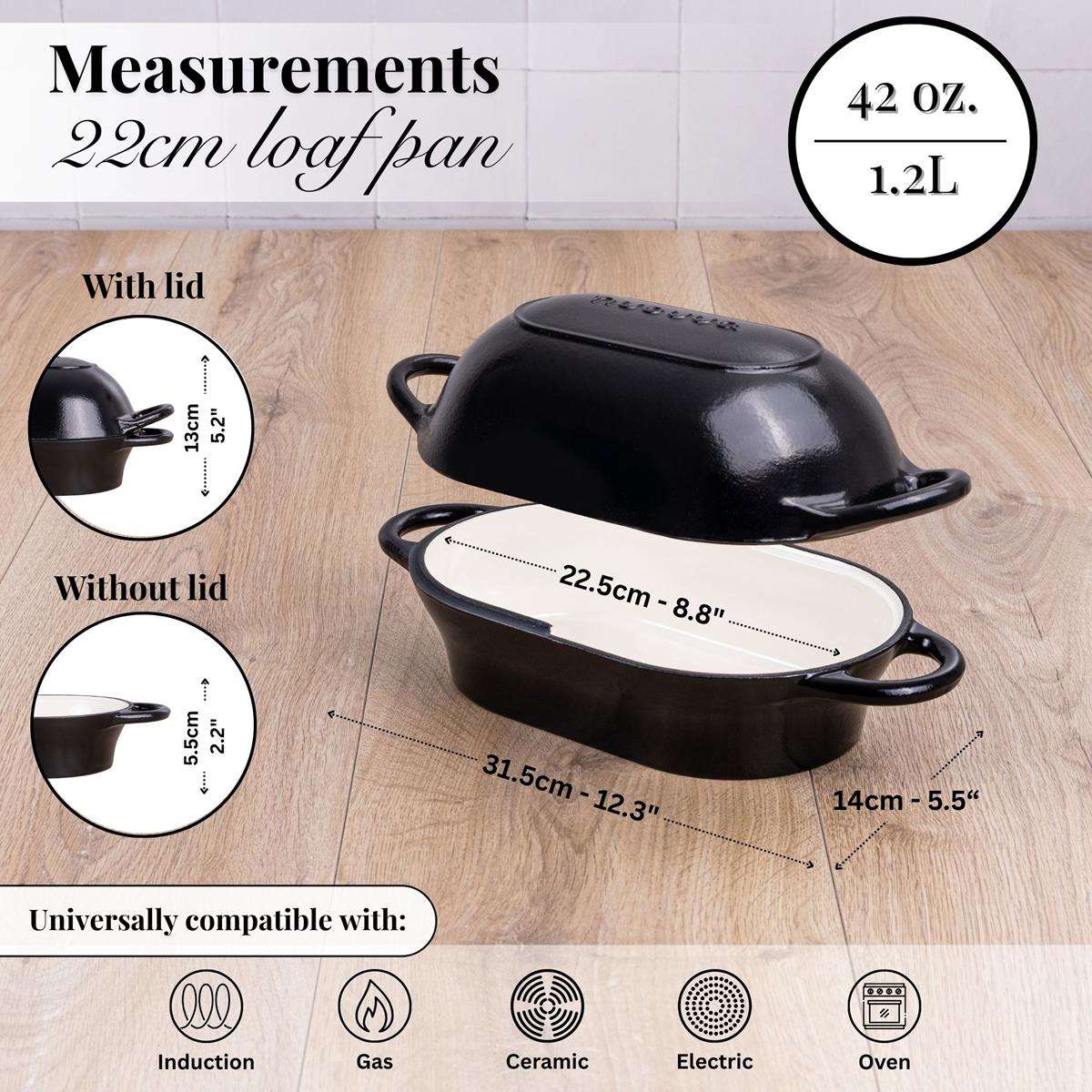 Black cast iron bread loaf pan - 22cm loaf pan with lid, induction cookware for all stovetops.