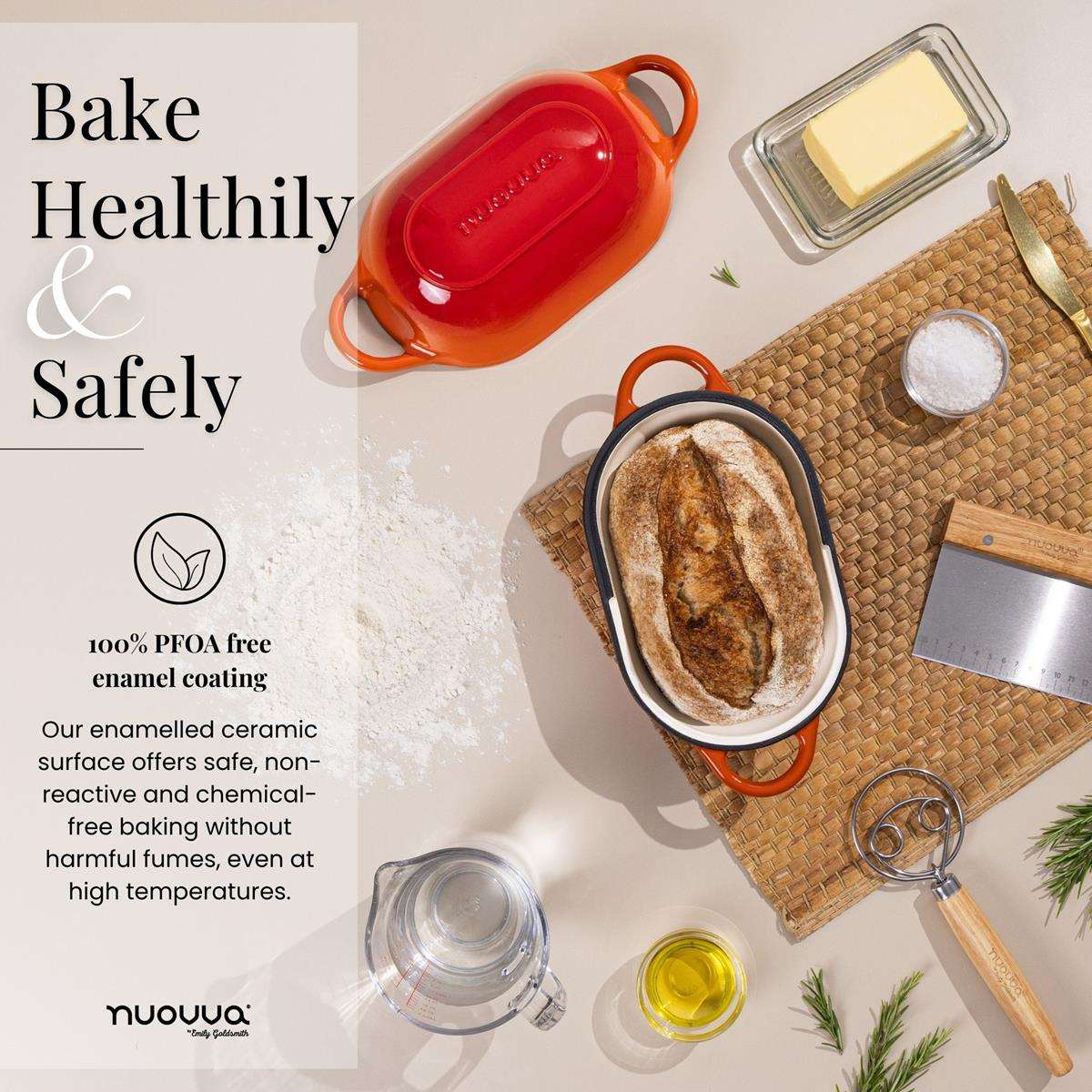 Healthy baking with nuovva cast iron loaf pan with lid and enamel coating for healthy baking.