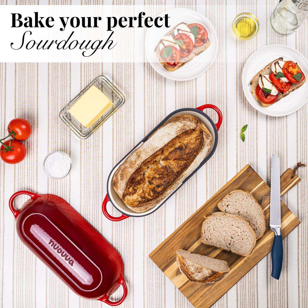 Bake your perfect sourdough with nuovva cast iron bread loaf pan with lid - red.